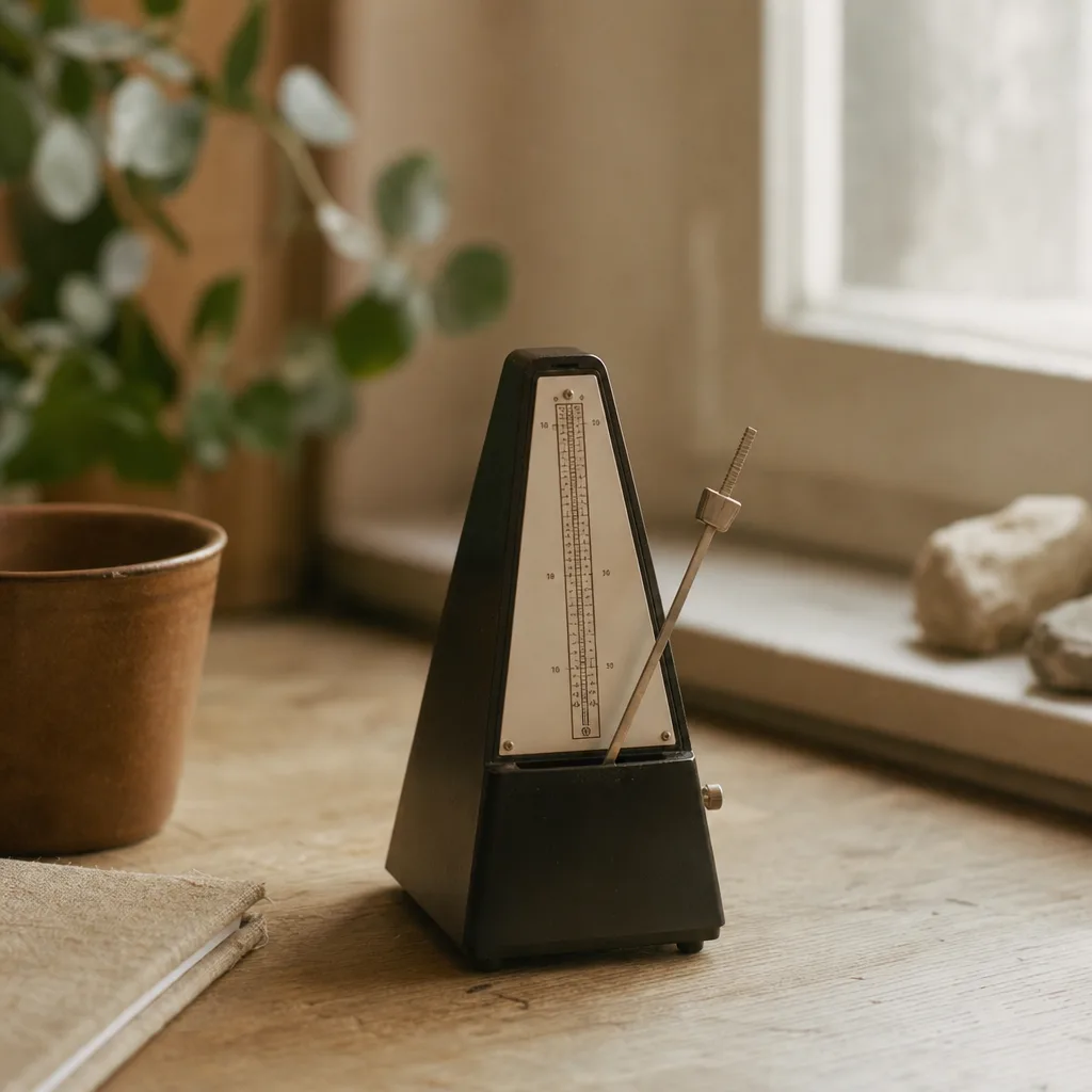 A small analog metronome mid-swing on a pale linen surface