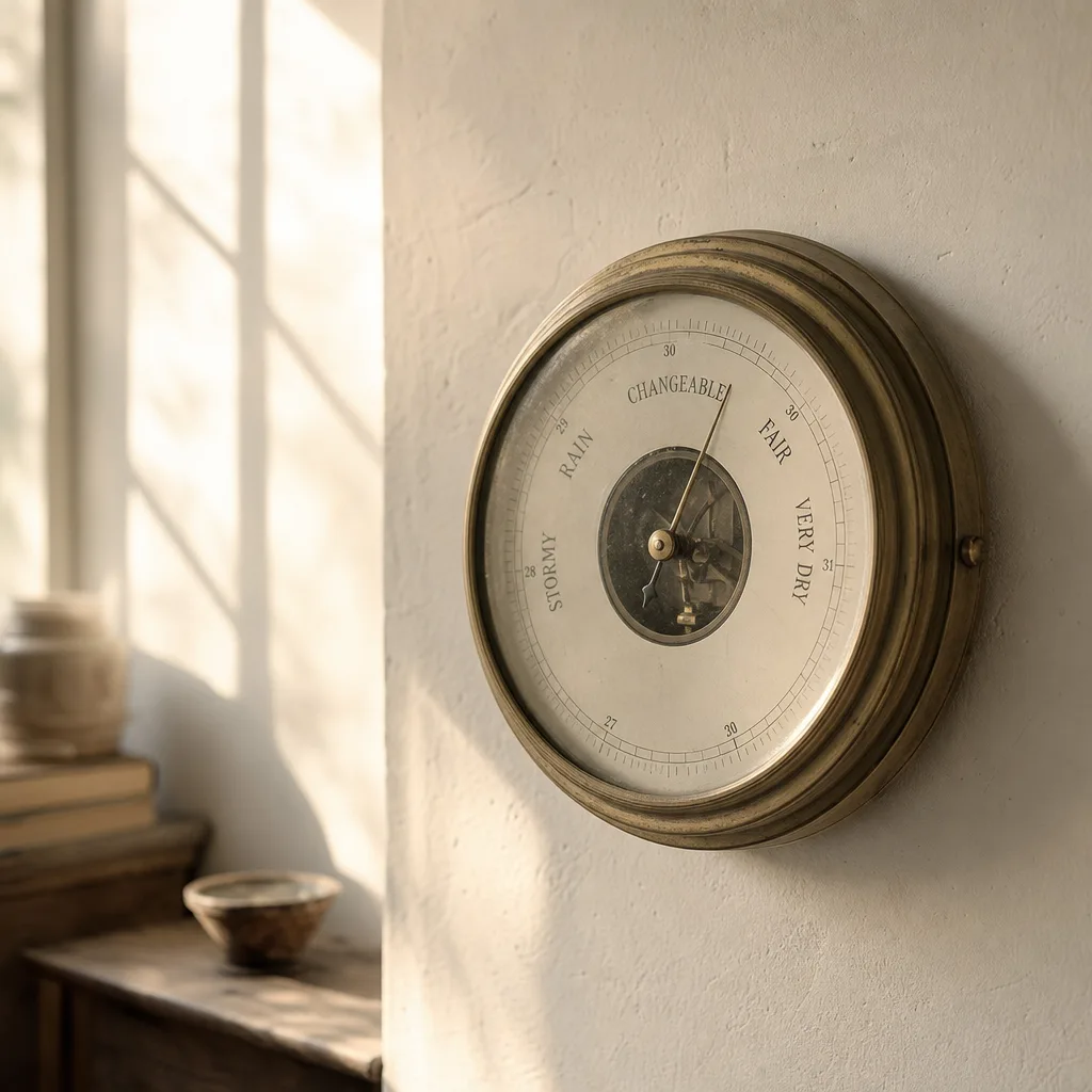 An old weather station barometer mounted on a pale plaster wall
