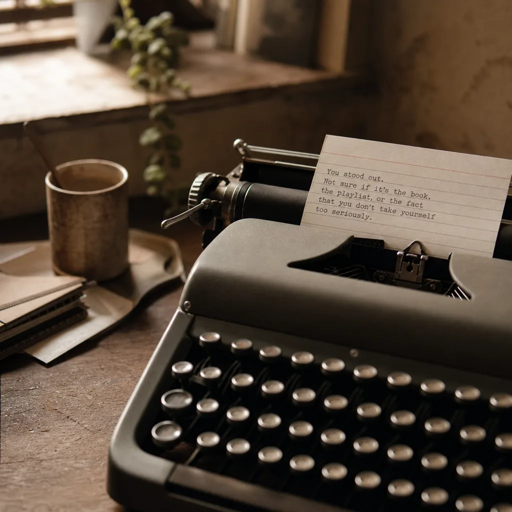 A mechanical typewriter with a single index card fed into the roller