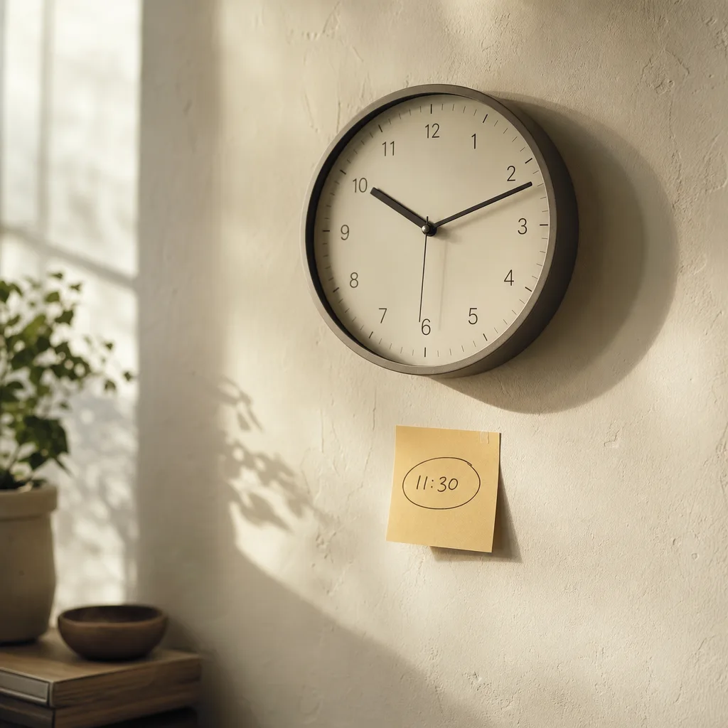 A simple analog wall clock on a pale plaster surface