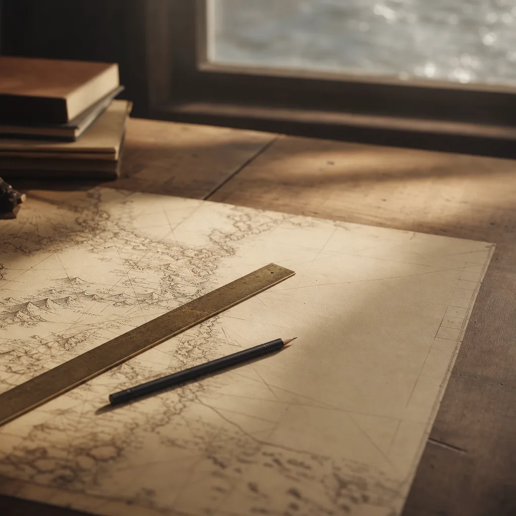 A vintage cartographer's ruler and pencil resting across a half-drawn map with a deliberate blank region
