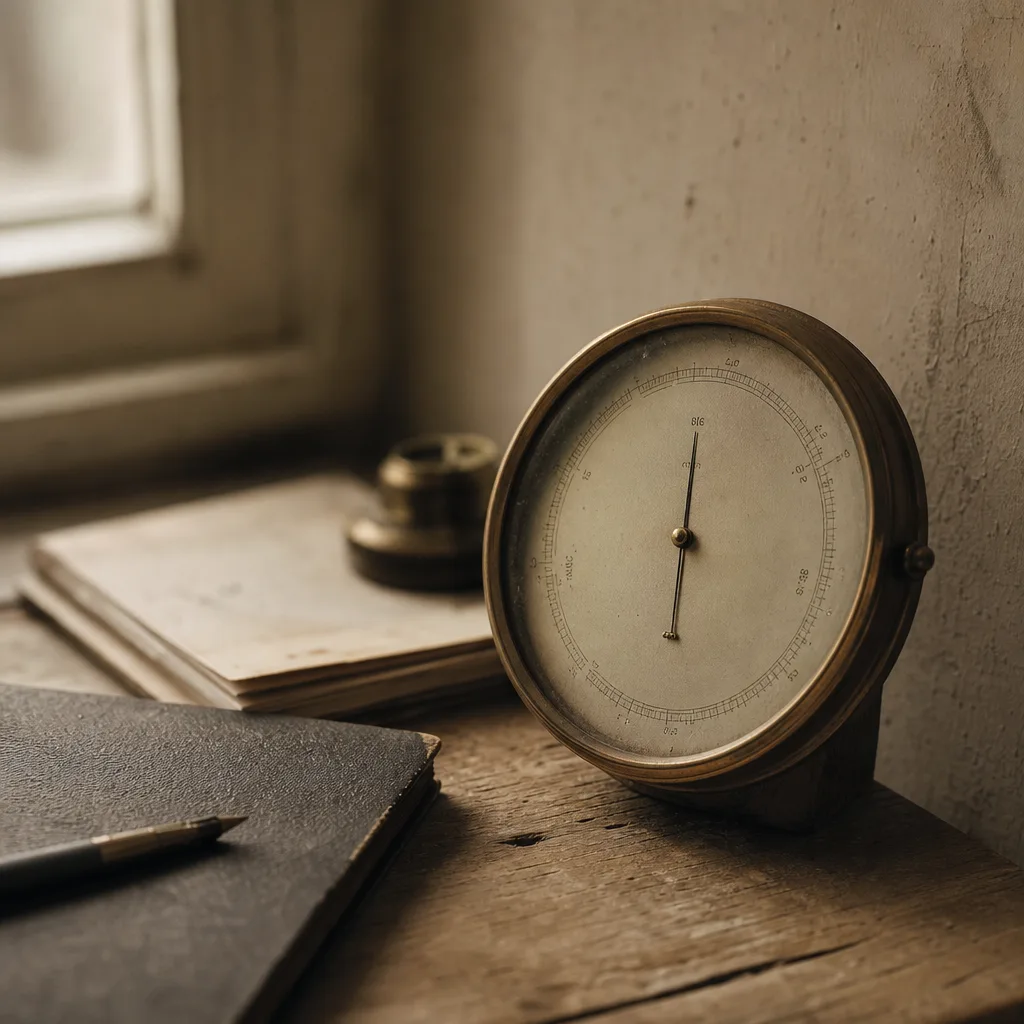 A glass barometer mounted on a weathered wooden surface