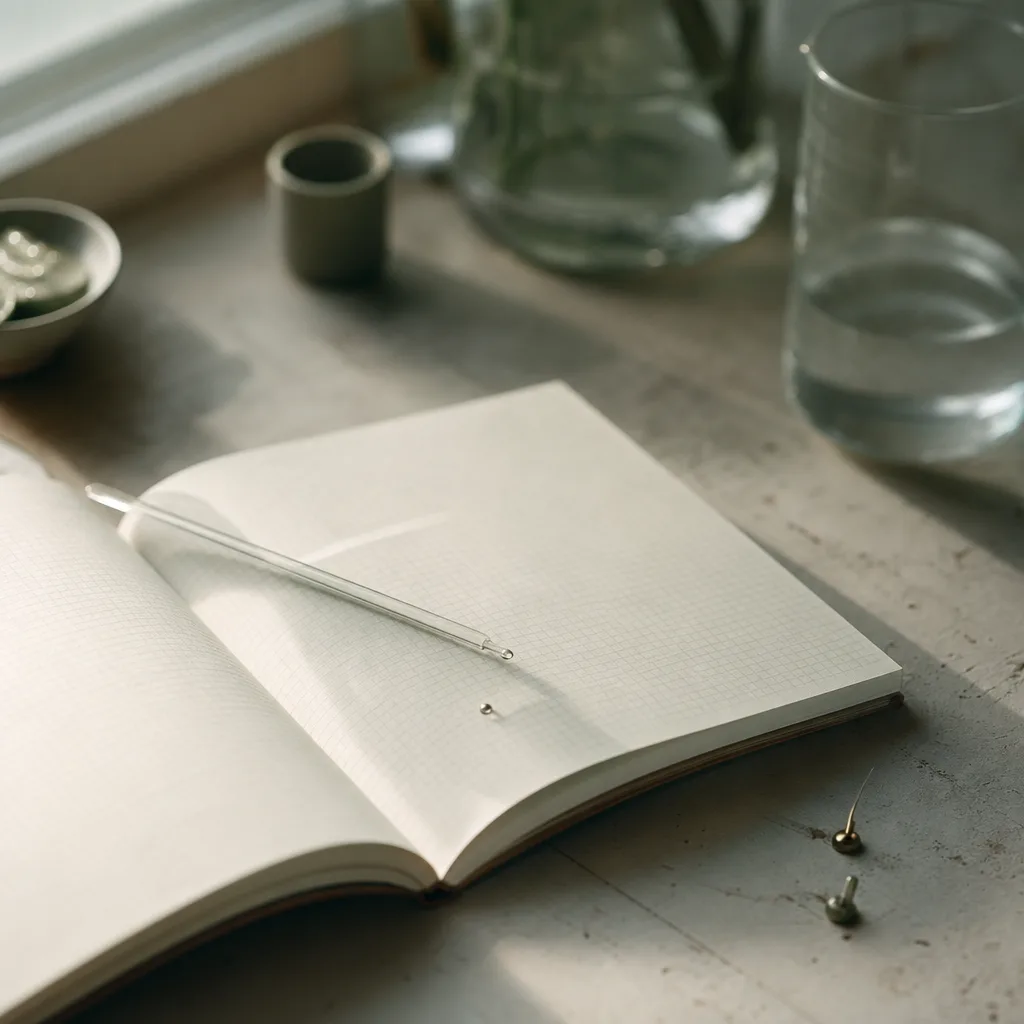 A single glass laboratory pipette resting across an open field notebook