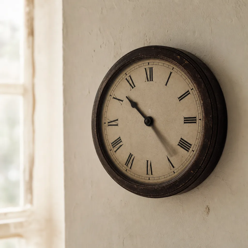 A vintage analog wall clock with one hand slightly blurred mid-sweep