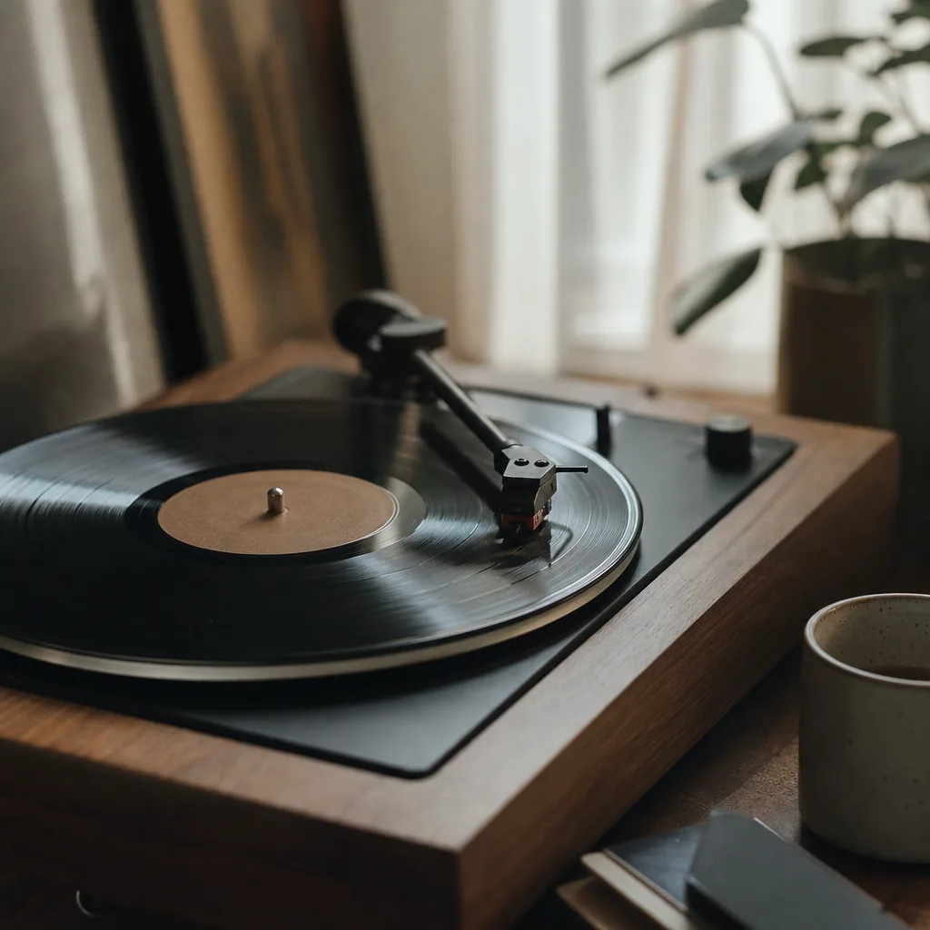 A vinyl record mid-play on a turntable