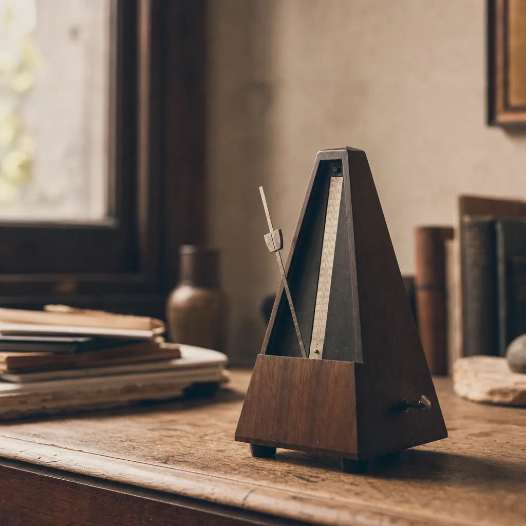 A vintage metronome mid-swing on a weathered oak desk
