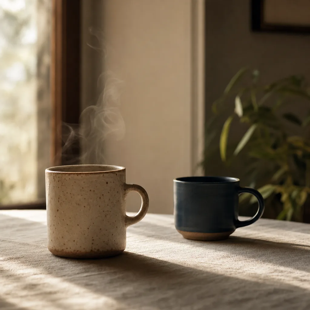 Two mismatched ceramic mugs placed at unequal distances on a linen tablecloth