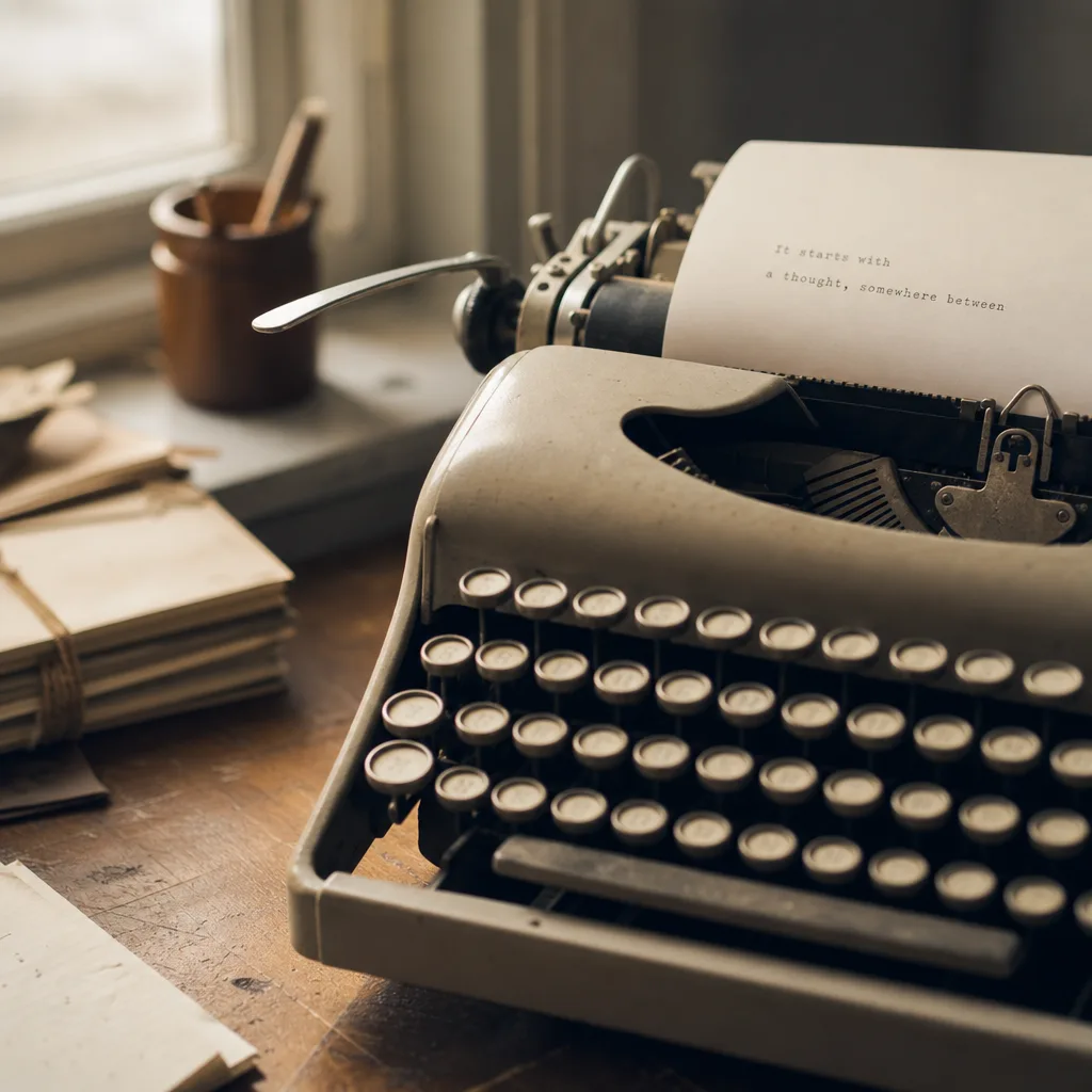 A mechanical typewriter with a half-typed page mid-sentence