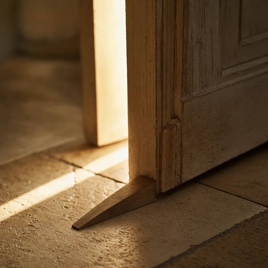 A narrow wooden door wedge placed at the threshold of a half-open door