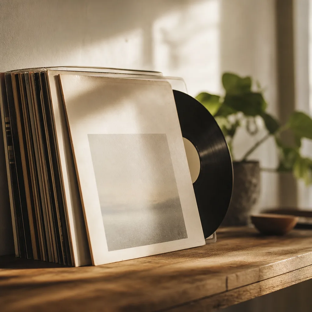 A single vinyl record sleeve leaning against a stack of others on a shelf