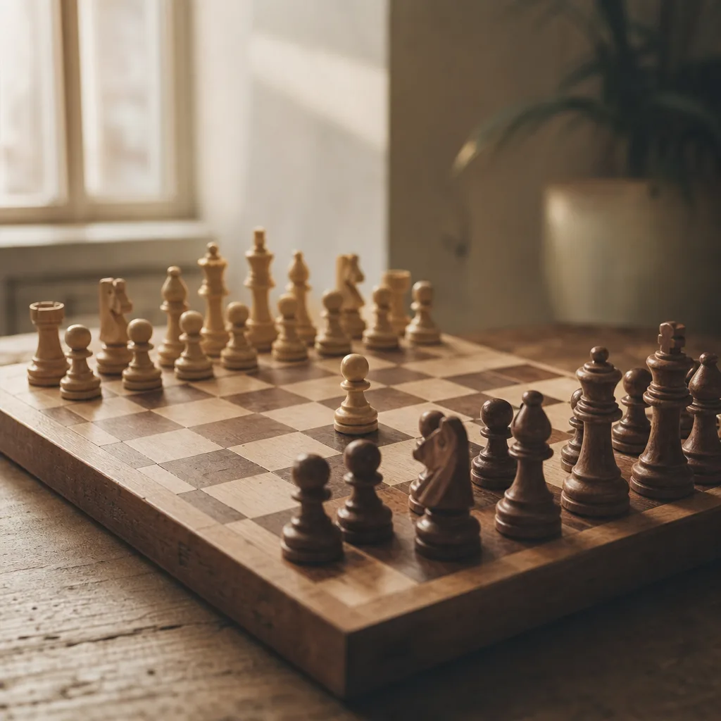 A wooden chess board mid-game
