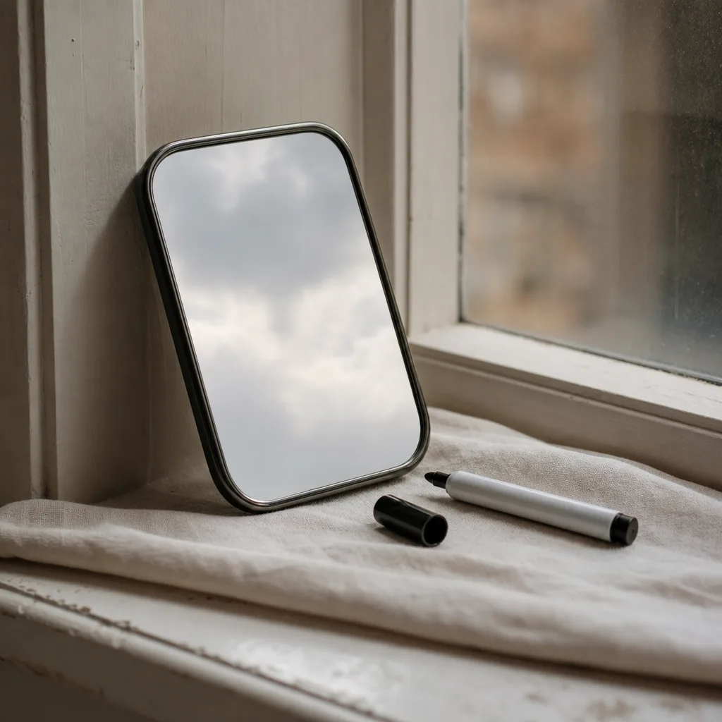 A small bathroom mirror propped against a windowsill