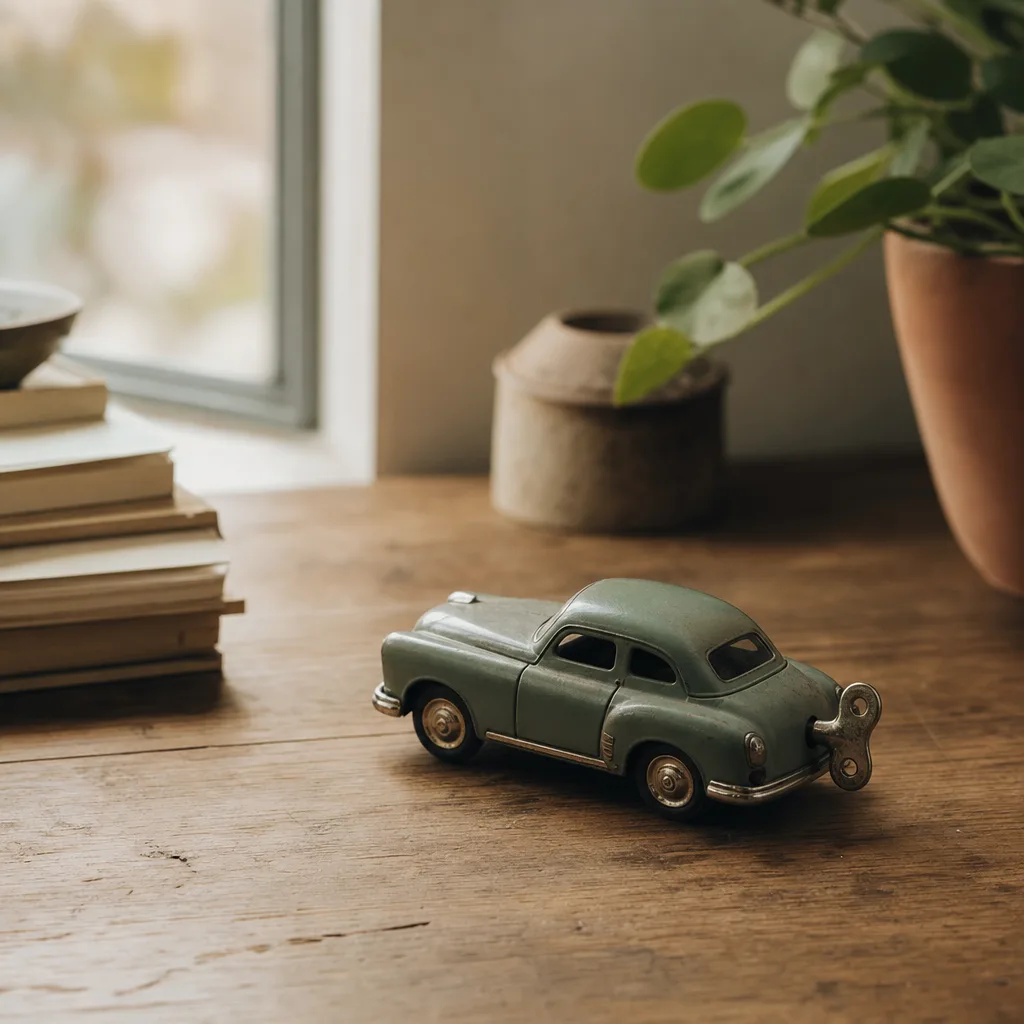 A wind-up mechanical toy car mid-track on a bare table