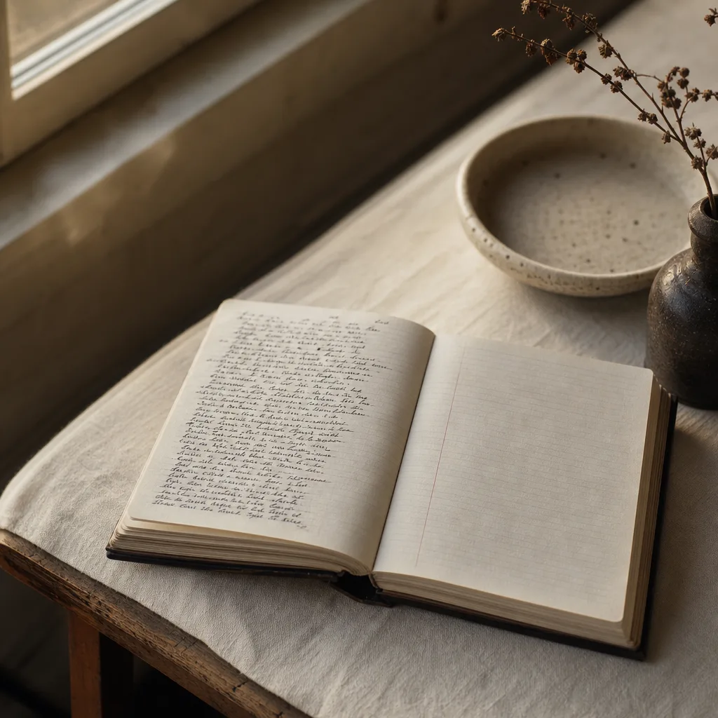 A two-column ledger open on a pale linen surface