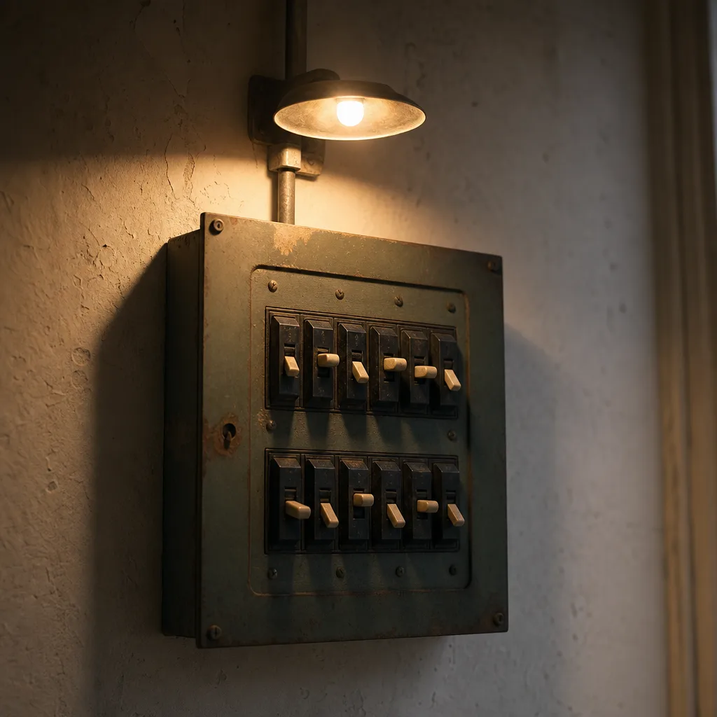 A vintage circuit breaker panel mounted on a pale plaster wall
