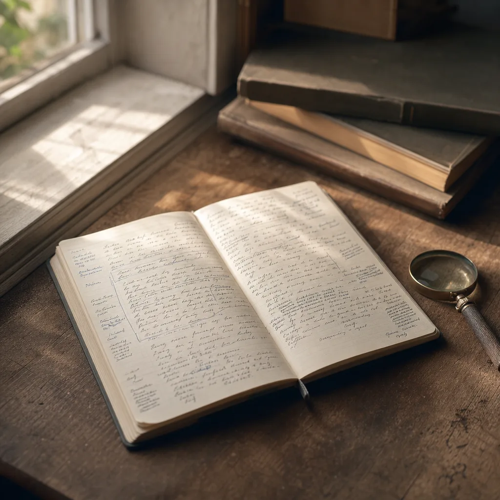 Open field notebook flat on a wooden desk