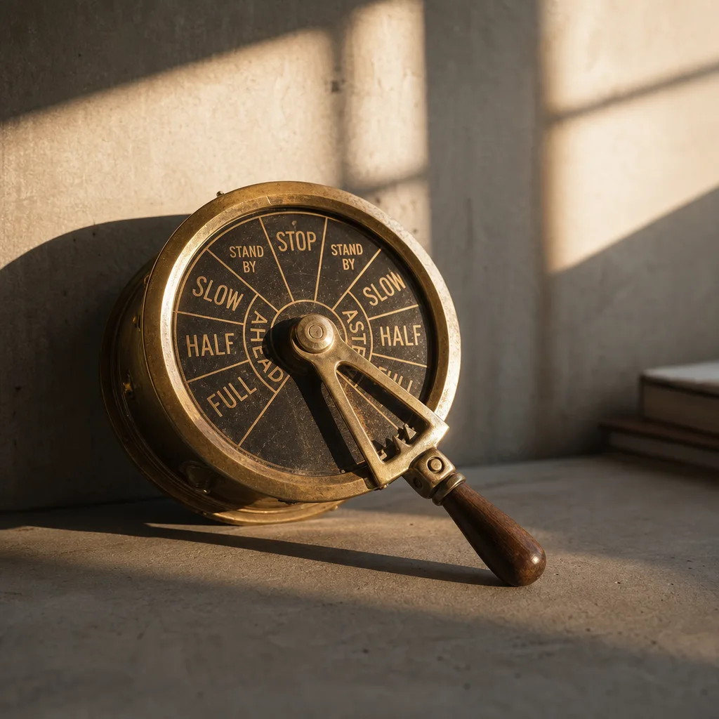 A vintage ship's telegraph dial frozen mid-signal on a concrete surface