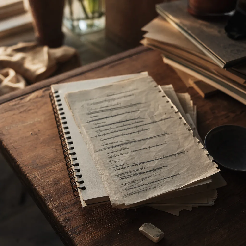 A vintage story-board or script pages with multiple lines struck through in pencil