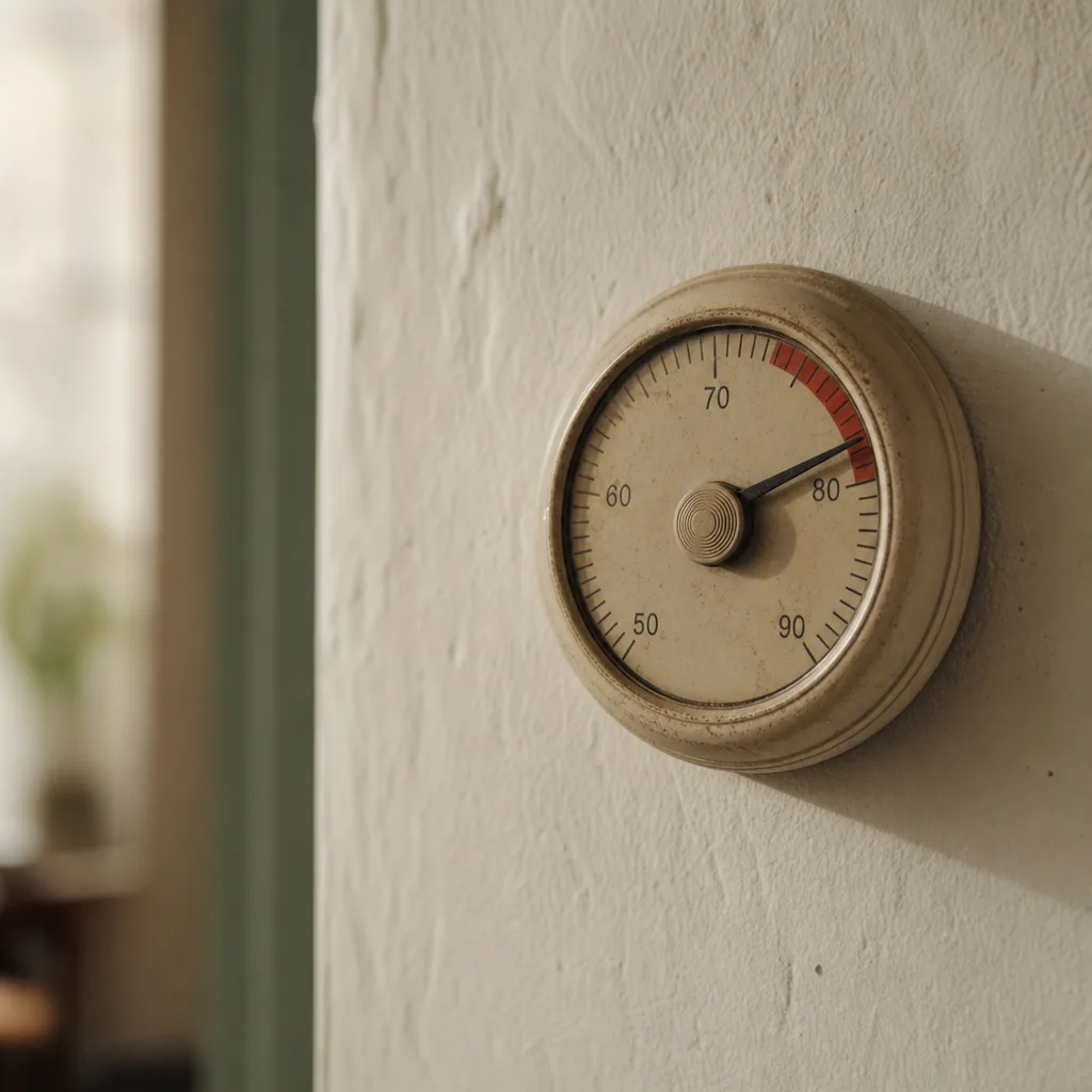 A vintage thermostat mounted on a pale plaster wall