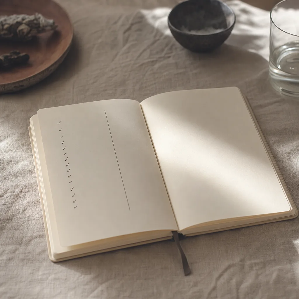 An open field notebook flat on a raw linen surface