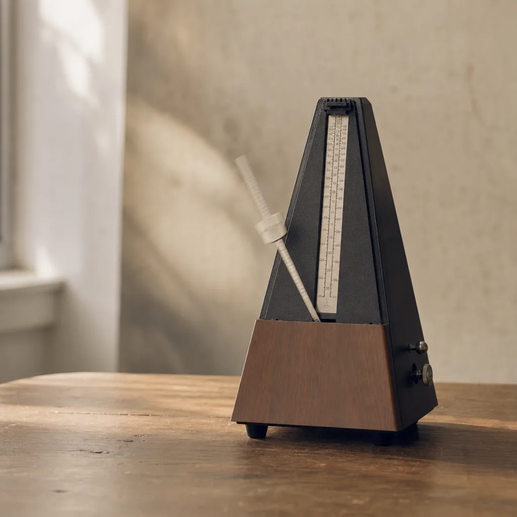 A vintage mechanical metronome mid-swing on a bare wooden table