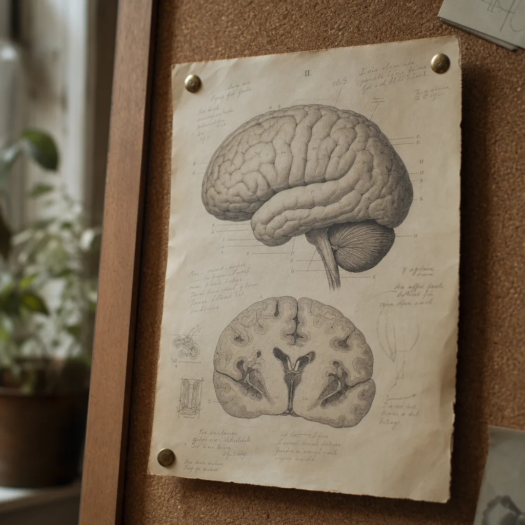 A vintage anatomical diagram of a human brain